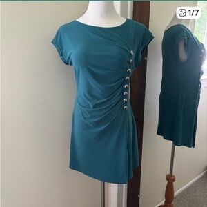 Joseph Ribkoff Cap Sleeve Tunic Top Gathered Button Accent Teal Size 8